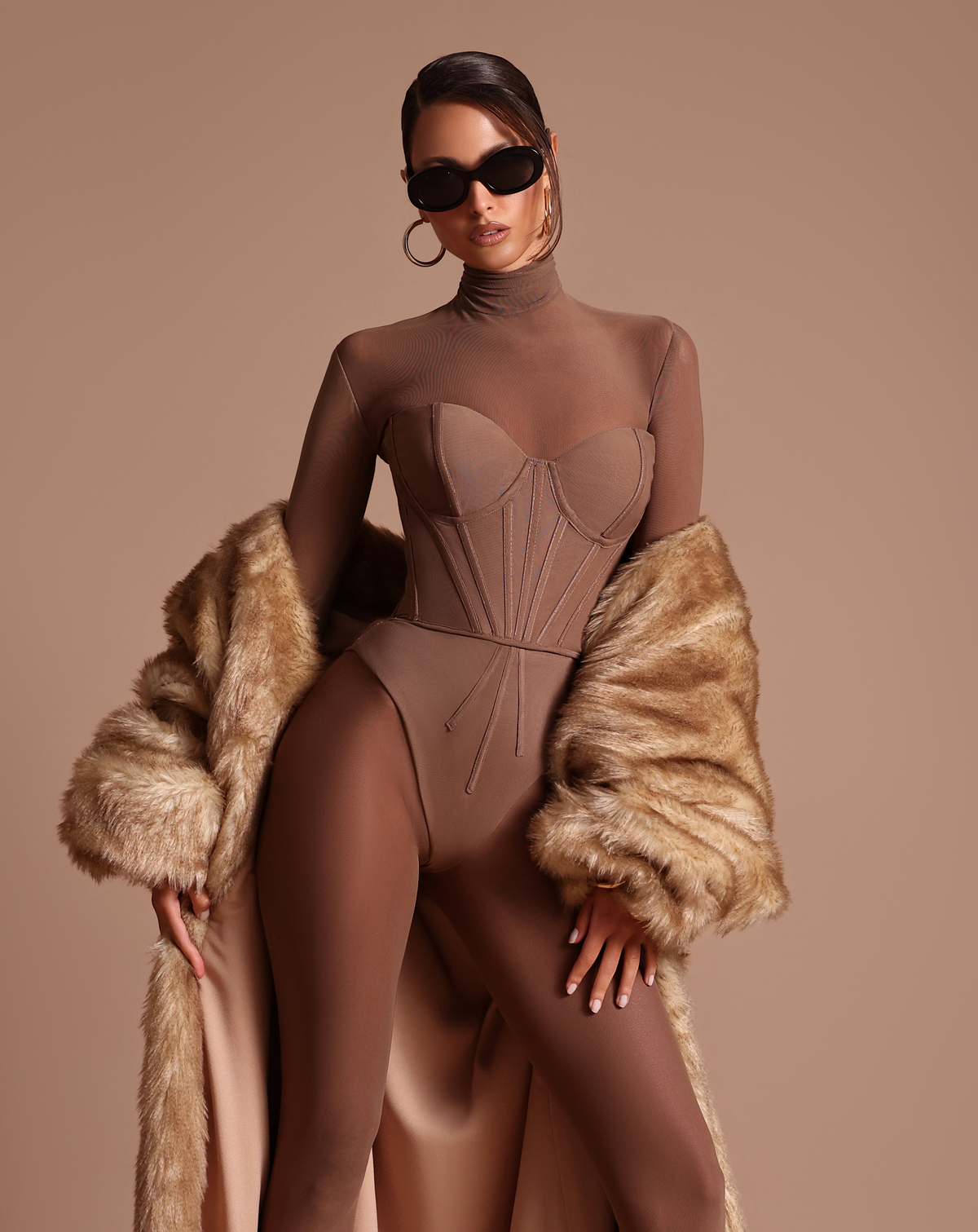 Nude mesh corset jumpsuit with Faux Fur Coat