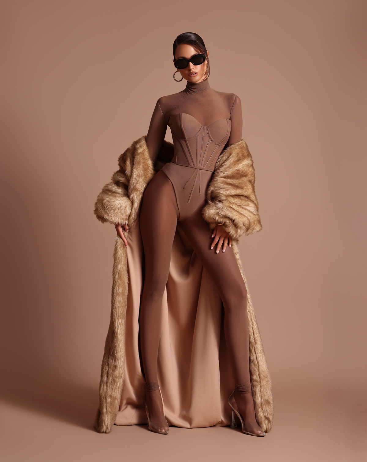 Nude mesh corset jumpsuit with Faux Fur Coat