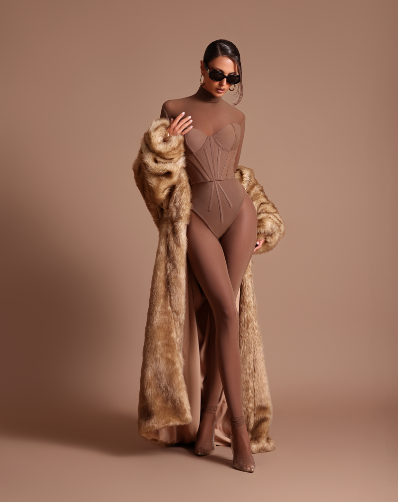 Nude mesh corset jumpsuit with Faux Fur Coat