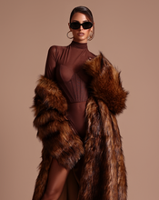 Load image into Gallery viewer, Chocolate brown mesh bodysuit with Faux Fur Coat
