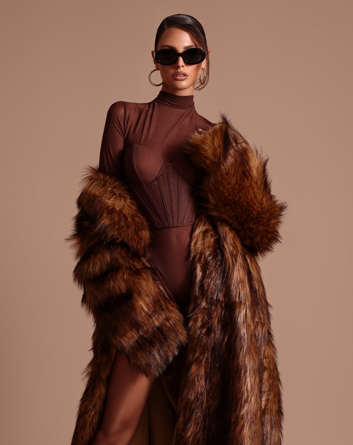 Chocolate brown mesh bodysuit with Faux Fur Coat