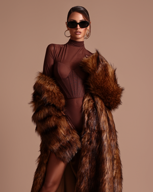 Chocolate brown mesh bodysuit with Faux Fur Coat