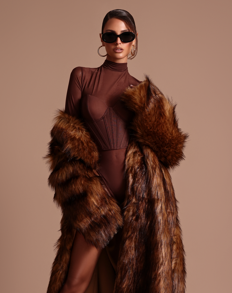 Chocolate brown mesh bodysuit with Faux Fur Coat