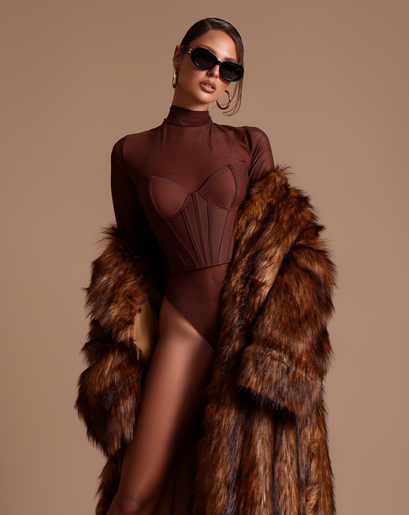 Chocolate brown mesh bodysuit with Faux Fur Coat