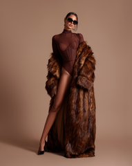 Chocolate brown mesh bodysuit with Faux Fur Coat