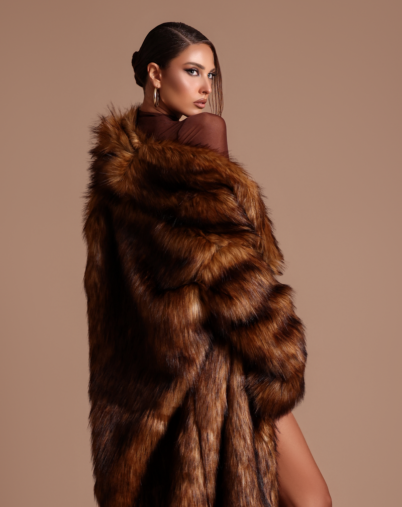 Chocolate brown mesh bodysuit with Faux Fur Coat