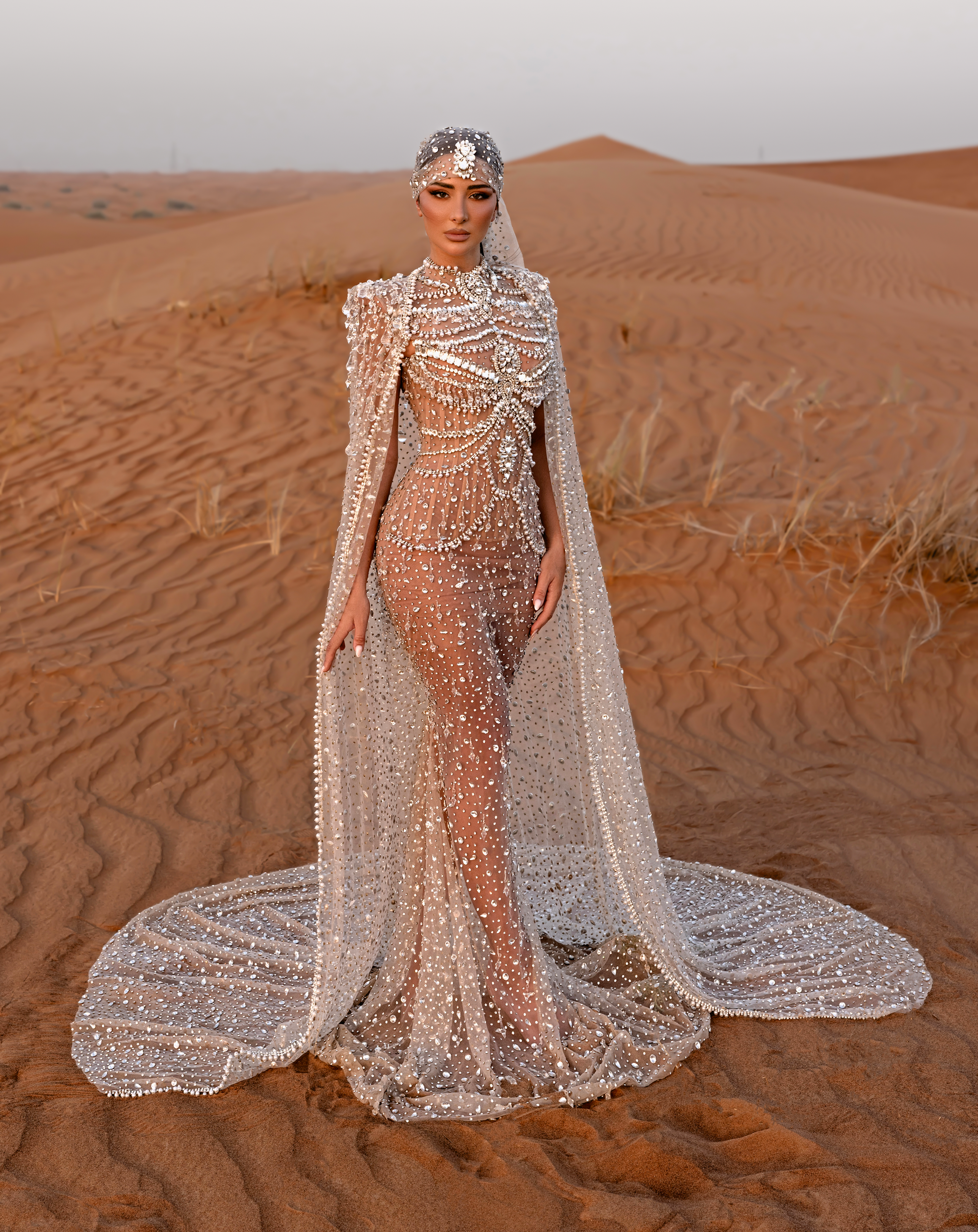 Woman in a sparkling silver gown standing in a desert landscape