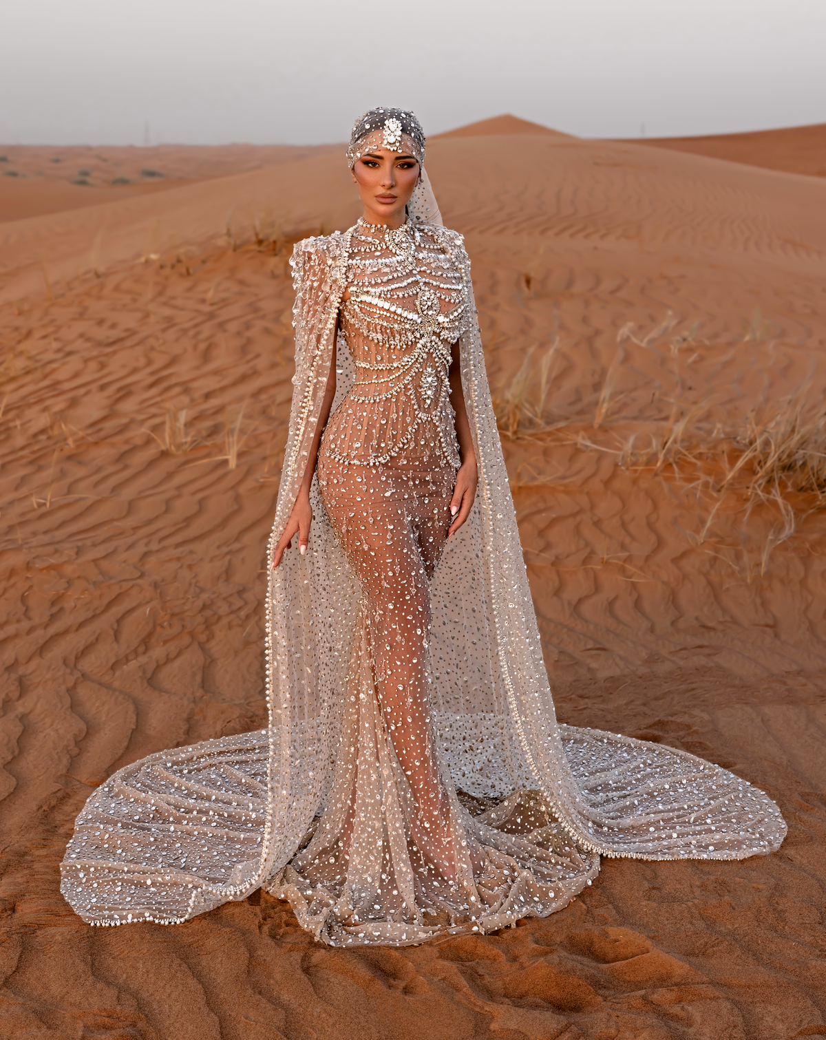 Woman in a sparkling silver gown standing in a desert landscape