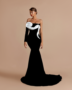 One sleeve black gown with white floral detail